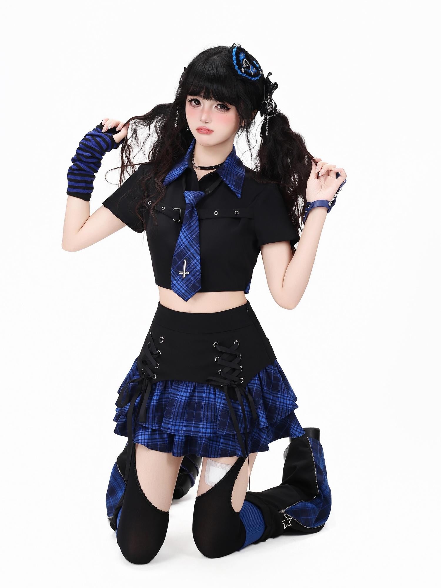 CRAZYGIRL Plaid Lace Up Tiered High Waist Zipper Women's Lined Mini Skirts