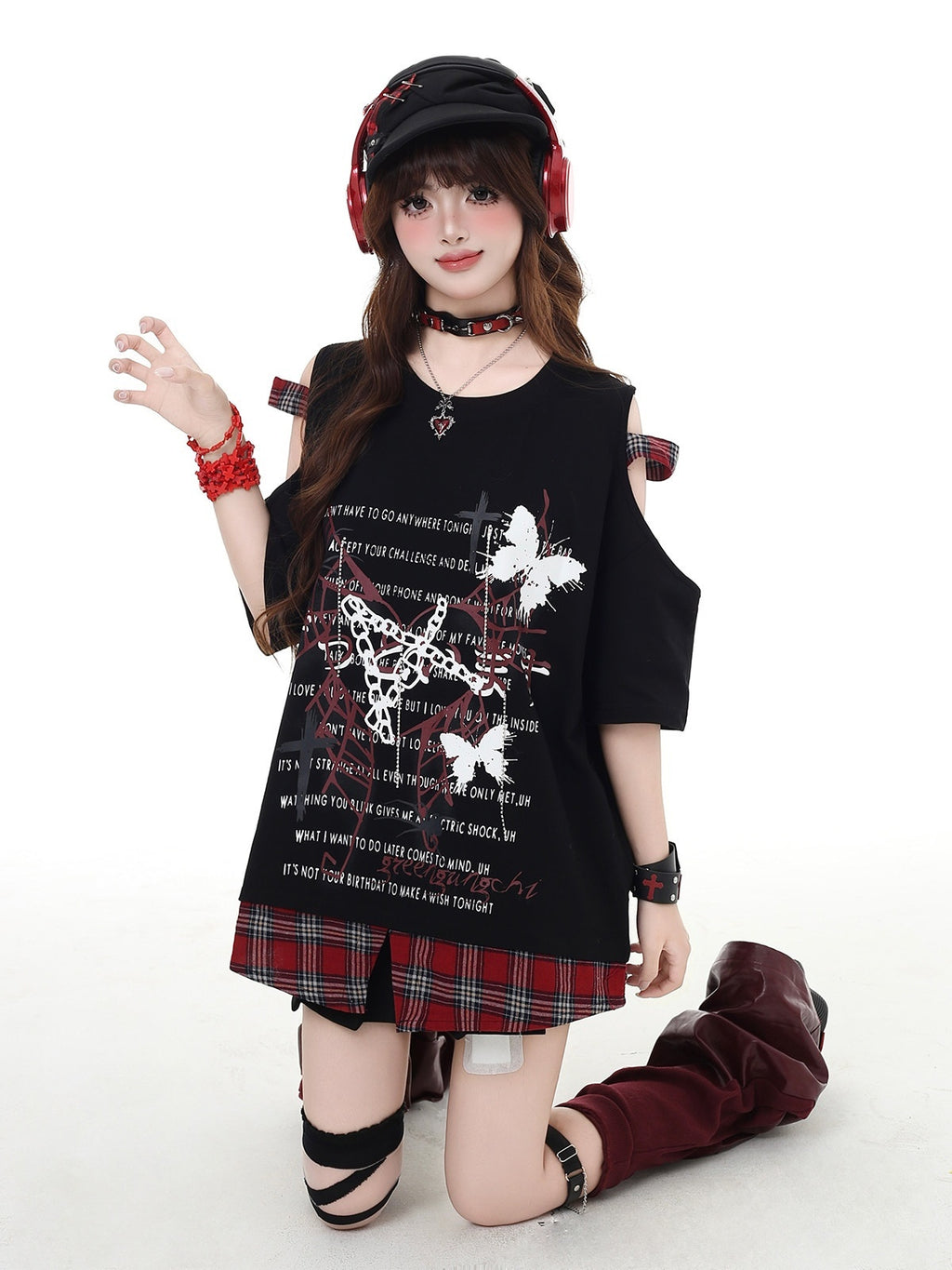 CRAZYGIRL_Plaid_Patchwork_Punk_Crew_Neck_Loose_Women's_Short_Sleeve_T-shirts_892911614965_MISSTT
