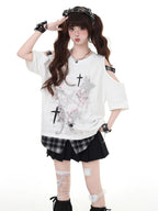 CRAZYGIRL Plaid Patchwork Punk Crew Neck Loose Women's Short Sleeve T-shirts