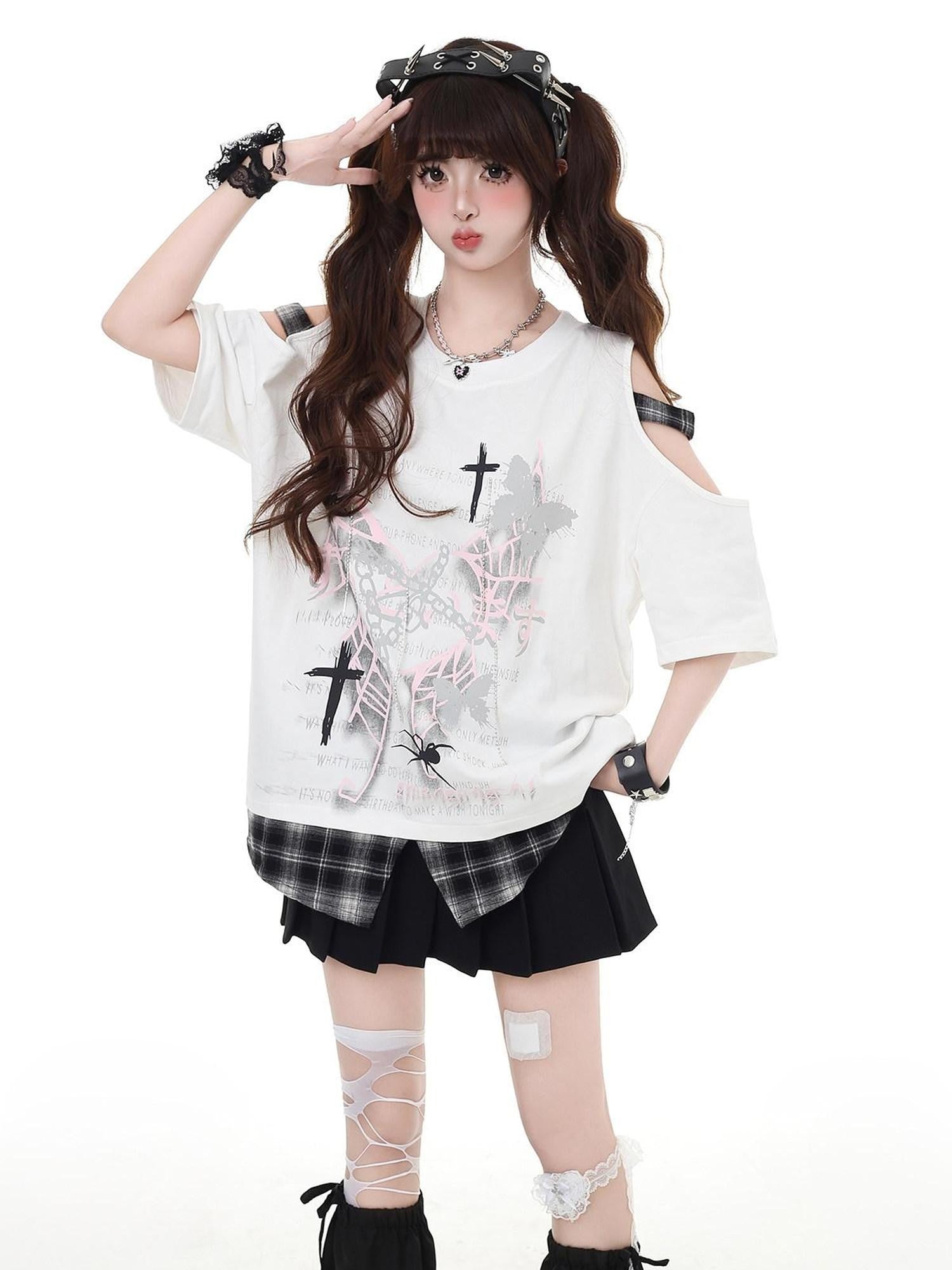 CRAZYGIRL Plaid Patchwork Punk Crew Neck Loose Women's Short Sleeve T-shirts