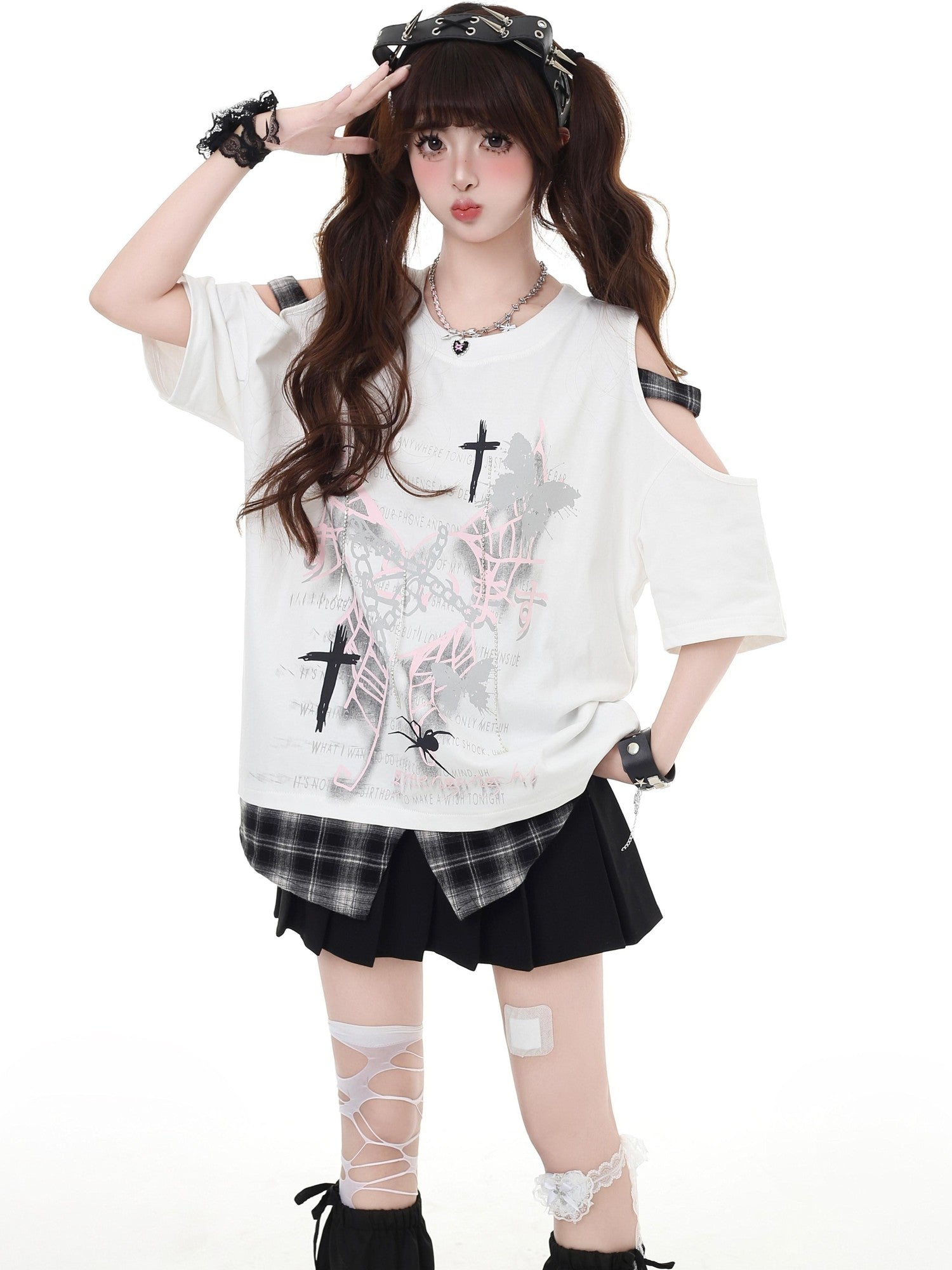 CRAZYGIRL Plaid Patchwork Punk Crew Neck Loose Women's Short Sleeve T-shirts