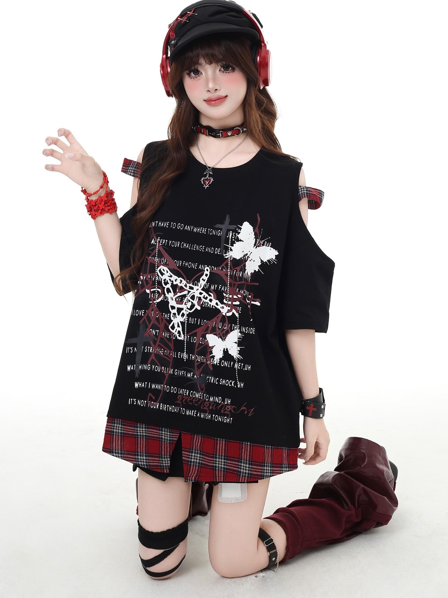 CRAZYGIRL Plaid Patchwork Punk Crew Neck Loose Women's Short Sleeve T-shirts