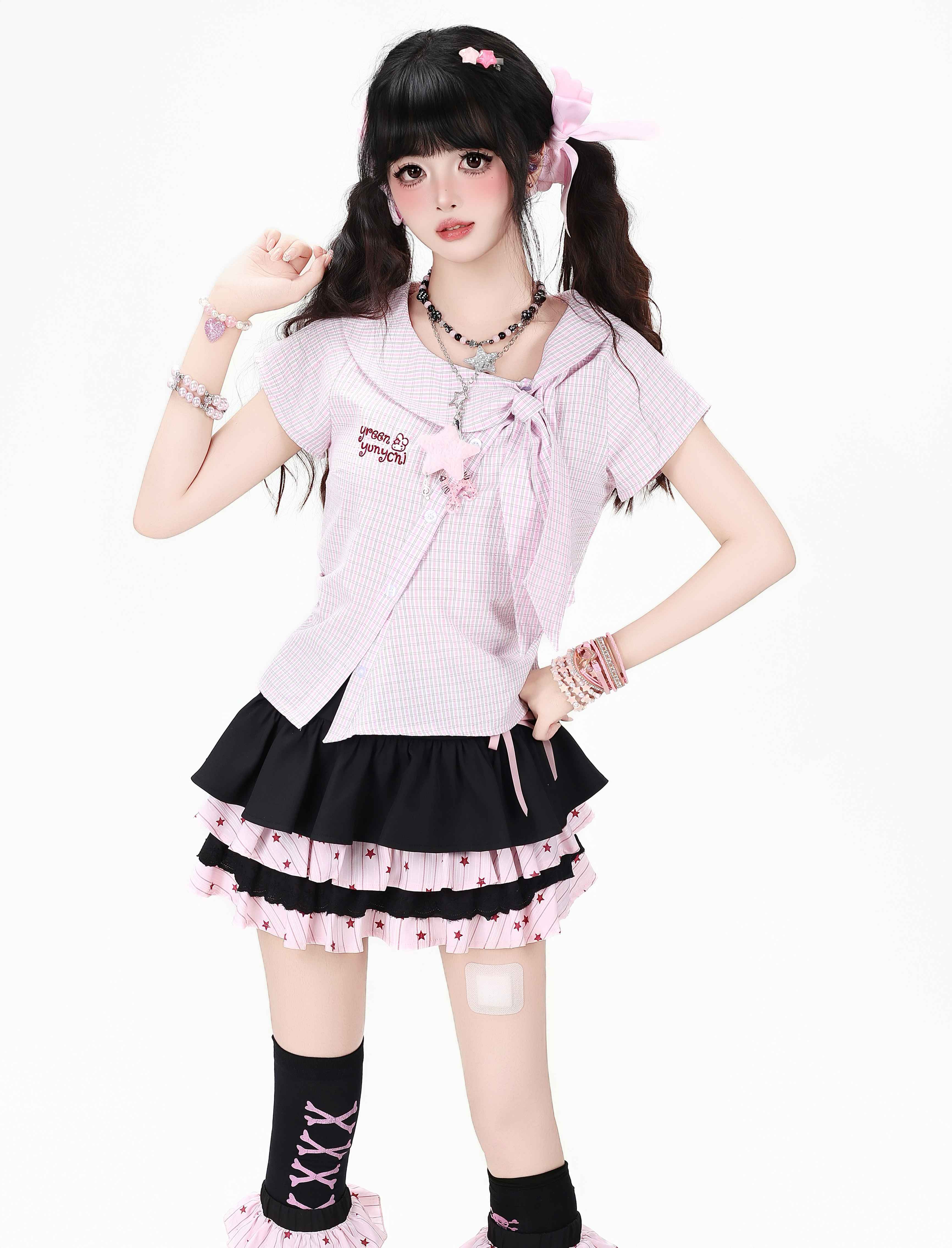 CRAZYGIRL_Plaid_Pleated_Bow_Asymmetric_Tie_Neck_Waist_Cinched_Short_Sleeve_Women's_Blouses_1056554852878_MISSTT