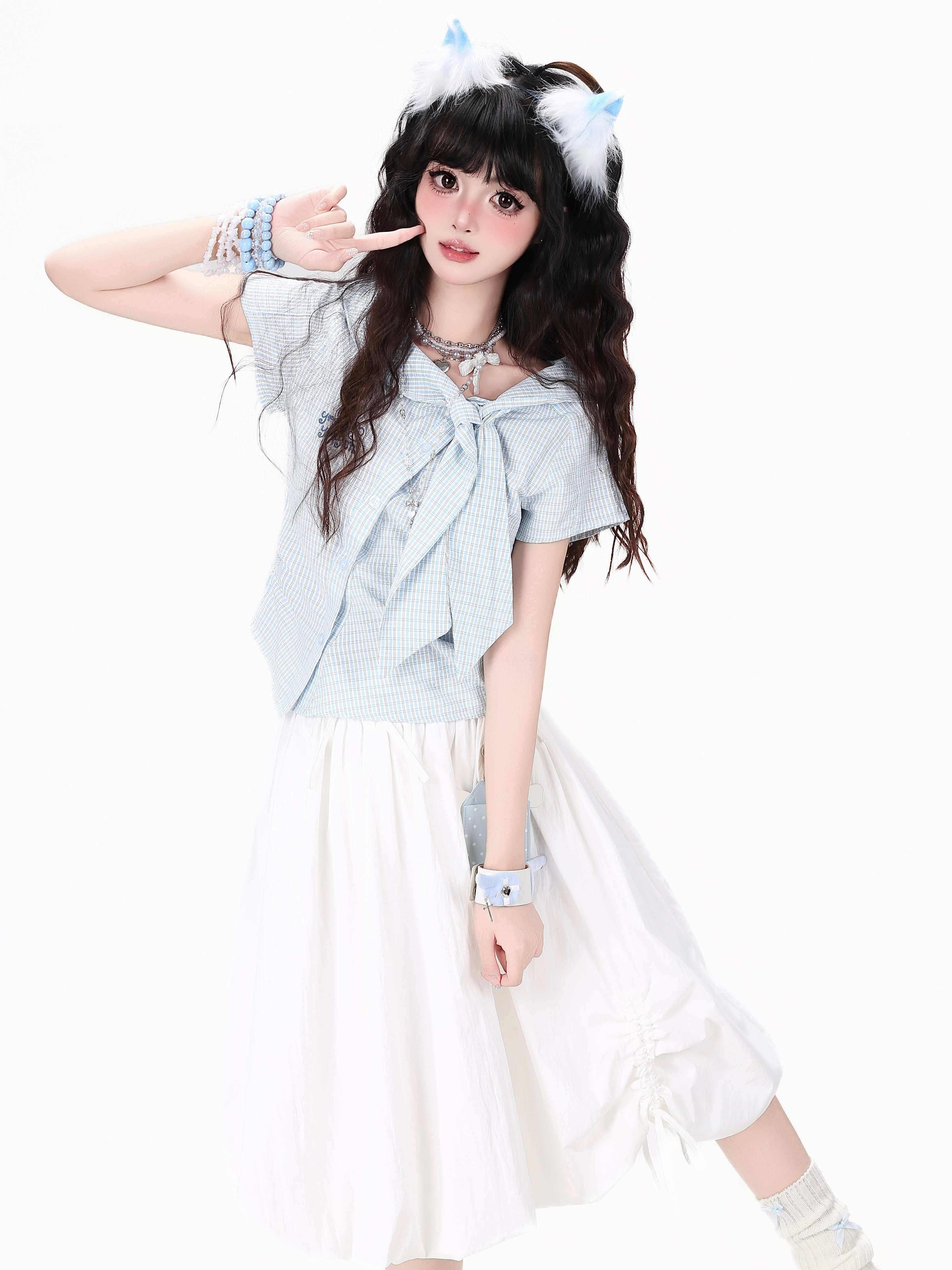 CRAZYGIRL_Plaid_Pleated_Bow_Asymmetric_Tie_Neck_Waist_Cinched_Short_Sleeve_Women's_Blouses_1056554852878_MISSTT
