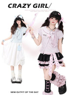 CRAZYGIRL Plaid Pleated Bow Asymmetric Tie Neck Waist Cinched Short Sleeve Women's Blouses