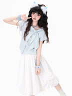 CRAZYGIRL Plaid Pleated Bow Asymmetric Tie Neck Waist Cinched Short Sleeve Women's Blouses