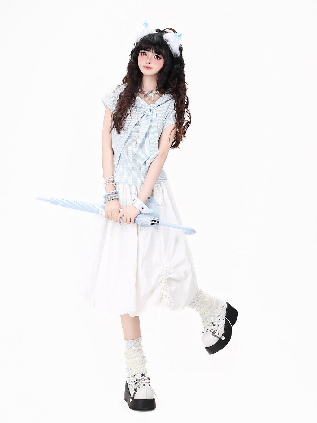 CRAZYGIRL Plaid Pleated Bow Asymmetric Tie Neck Waist Cinched Short Sleeve Women's Blouses