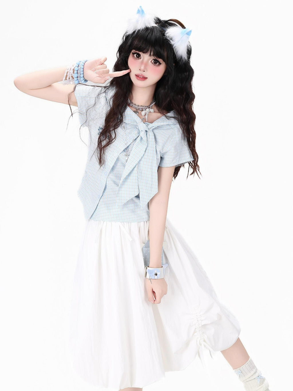 CRAZYGIRL Plaid Pleated Bow Asymmetric Tie Neck Waist Cinched Short Sleeve Women's Blouses