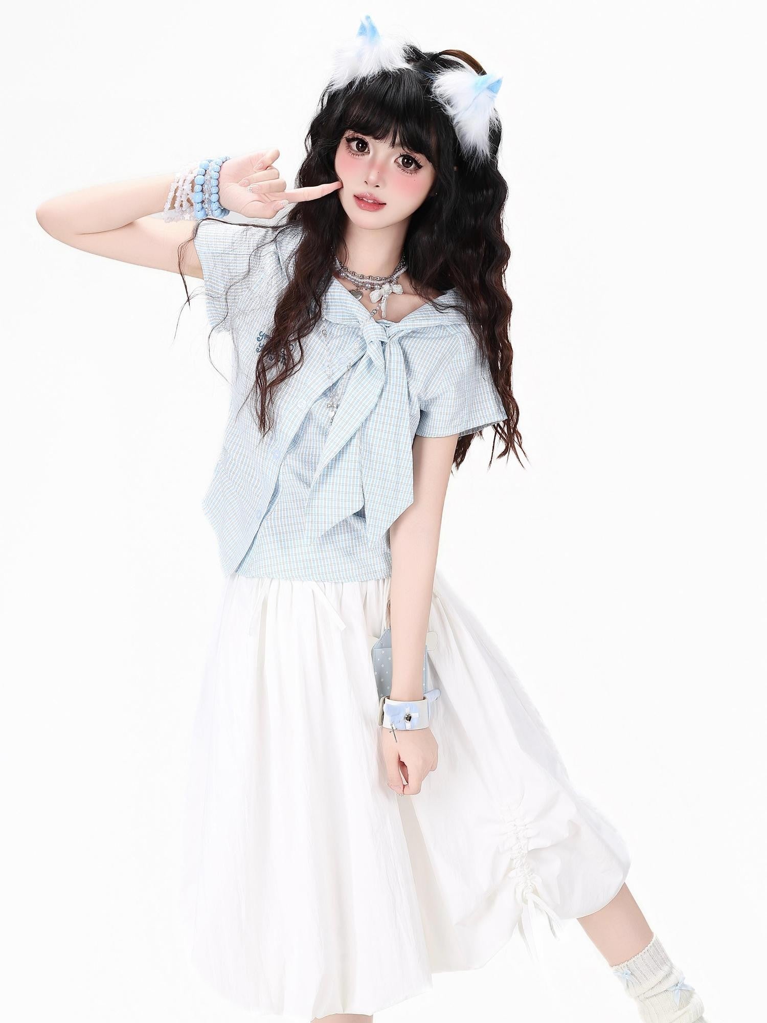 CRAZYGIRL Plaid Pleated Bow Asymmetric Tie Neck Waist Cinched Short Sleeve Women's Blouses