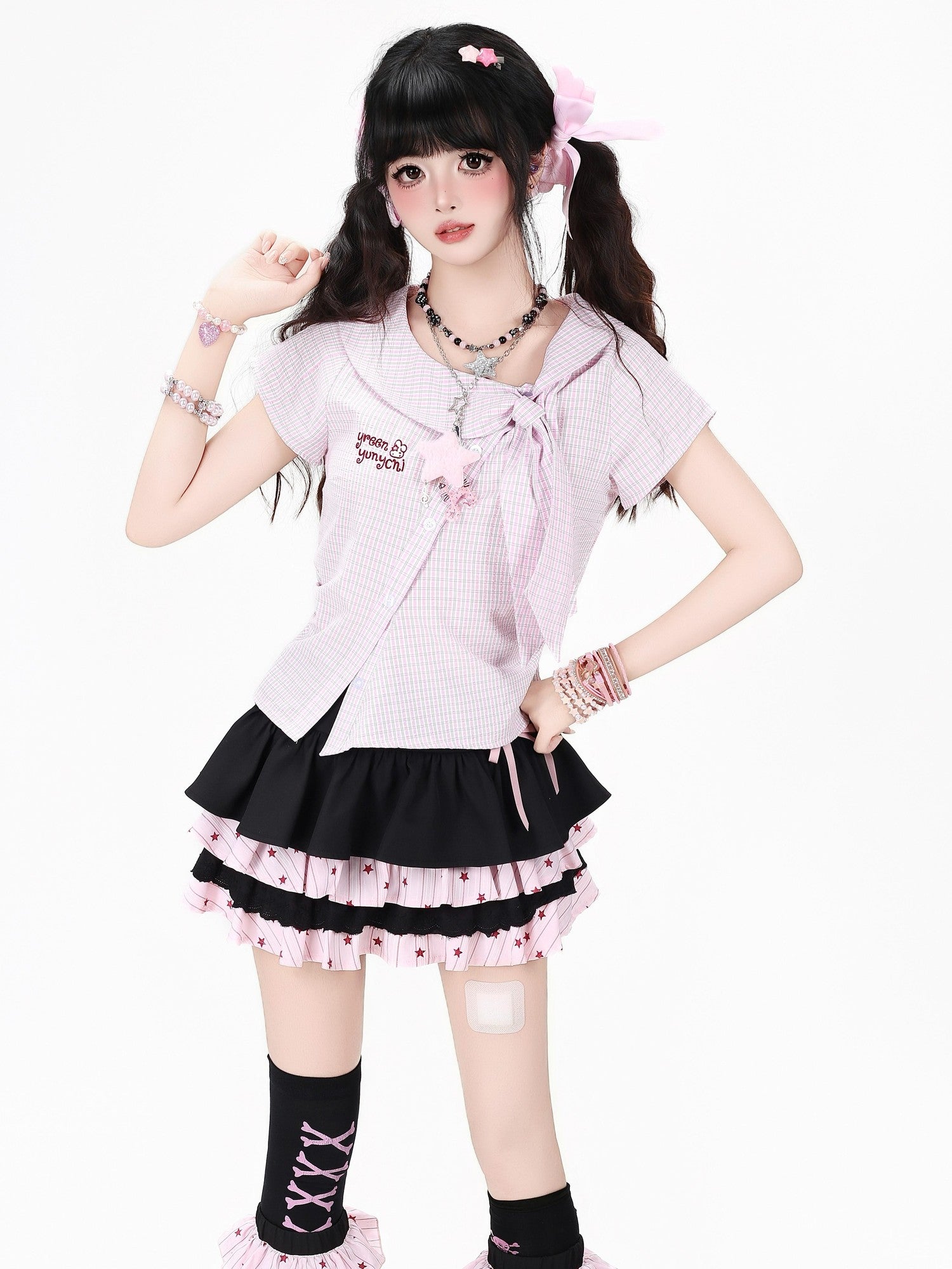 CRAZYGIRL Plaid Pleated Bow Asymmetric Tie Neck Waist Cinched Short Sleeve Women's Blouses