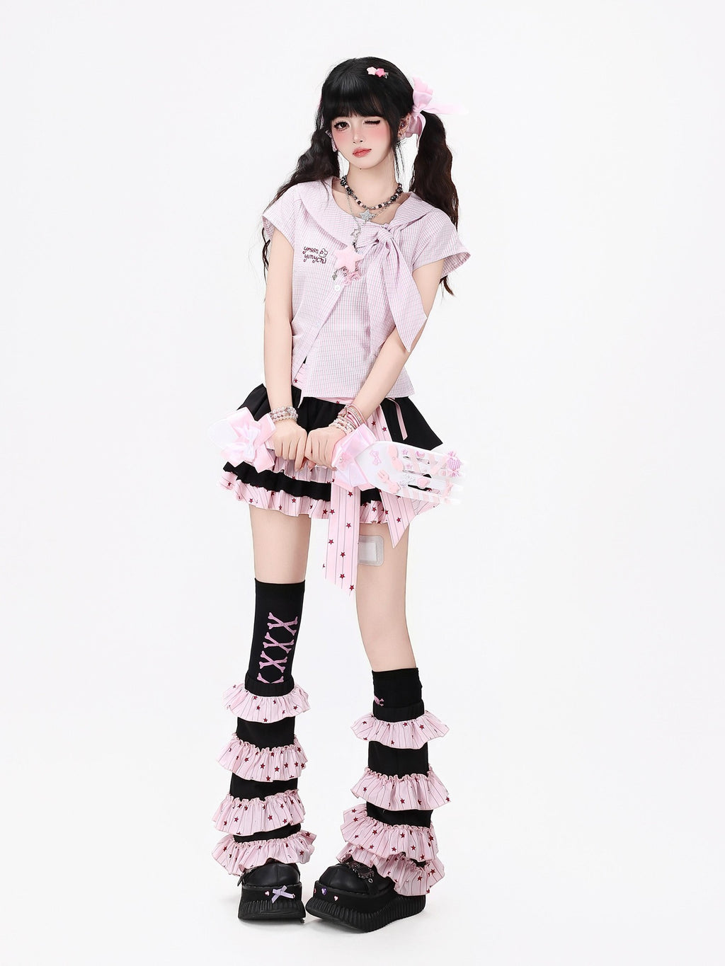 CRAZYGIRL Plaid Pleated Bow Asymmetric Tie Neck Waist Cinched Short Sleeve Women's Blouses