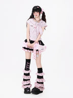 CRAZYGIRL Plaid Pleated Bow Asymmetric Tie Neck Waist Cinched Short Sleeve Women's Blouses