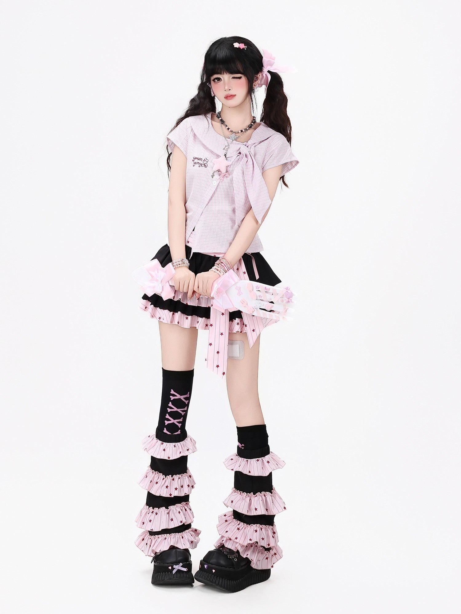 CRAZYGIRL Plaid Pleated Bow Asymmetric Tie Neck Waist Cinched Short Sleeve Women's Blouses