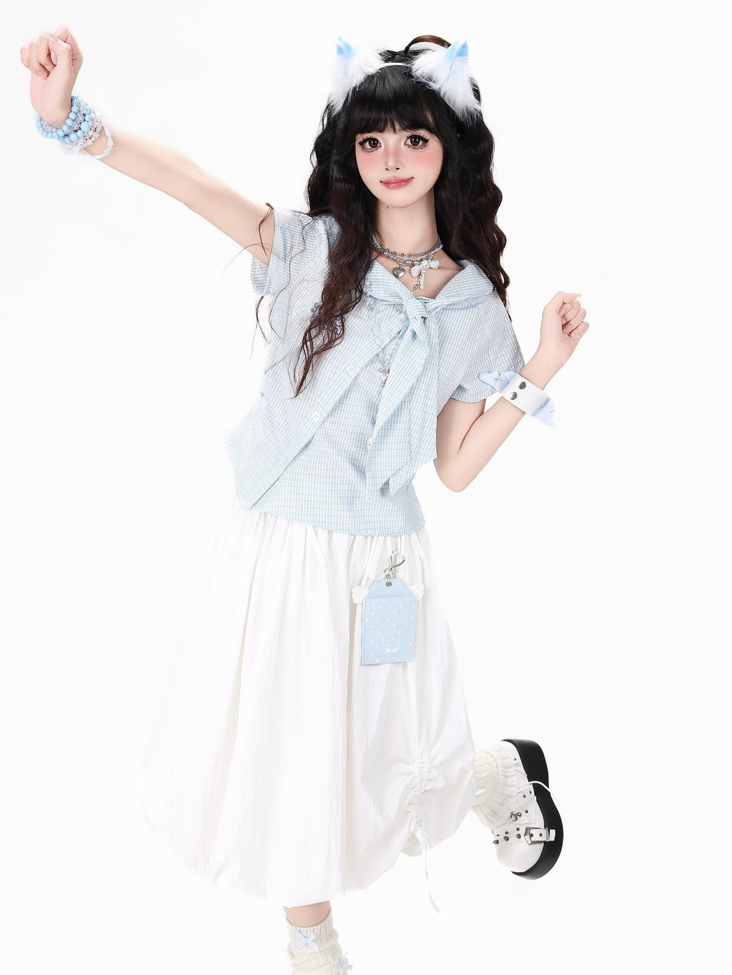 CRAZYGIRL Plaid Pleated Bow Asymmetric Tie Neck Waist Cinched Short Sleeve Women's Blouses