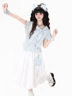 CRAZYGIRL Plaid Pleated Bow Asymmetric Tie Neck Waist Cinched Short Sleeve Women's Blouses