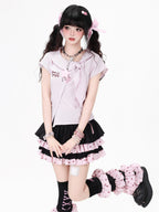 CRAZYGIRL Plaid Pleated Bow Asymmetric Tie Neck Waist Cinched Short Sleeve Women's Blouses