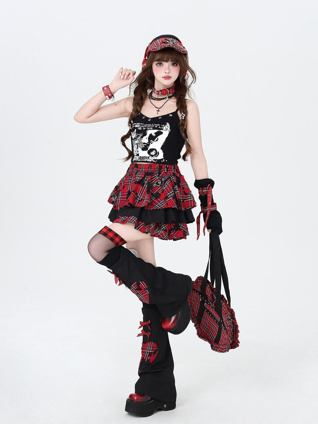 CRAZYGIRL Plaid Punk Ripped Pleated Chain Women's Polyester Cotton Mini Skirts