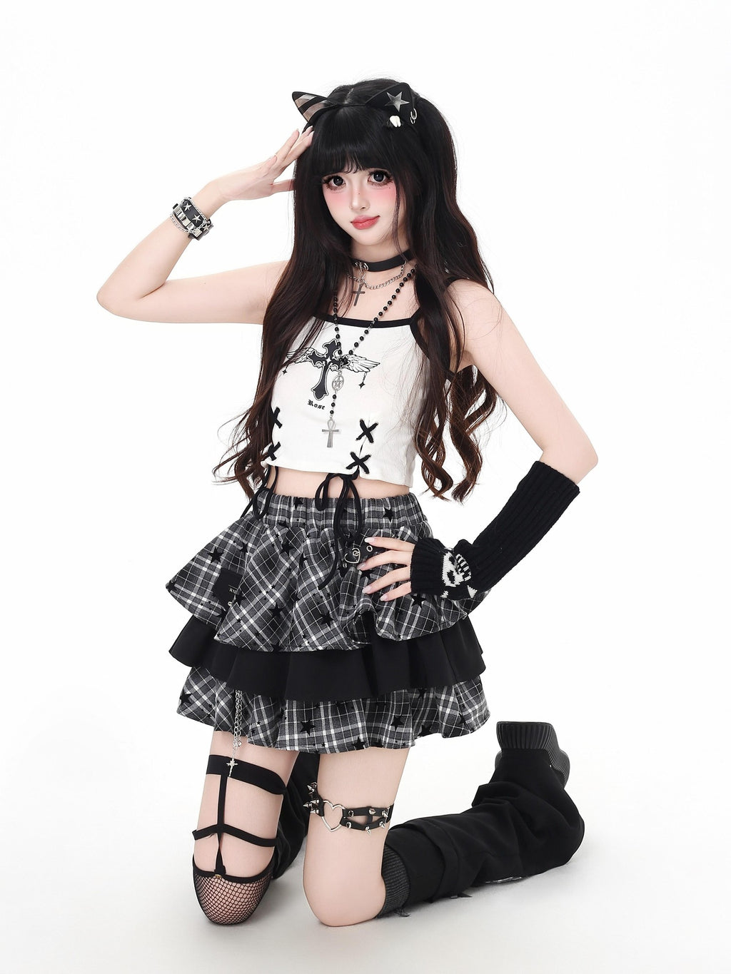 CRAZYGIRL Plaid Punk Ripped Pleated Chain Women's Polyester Cotton Mini Skirts