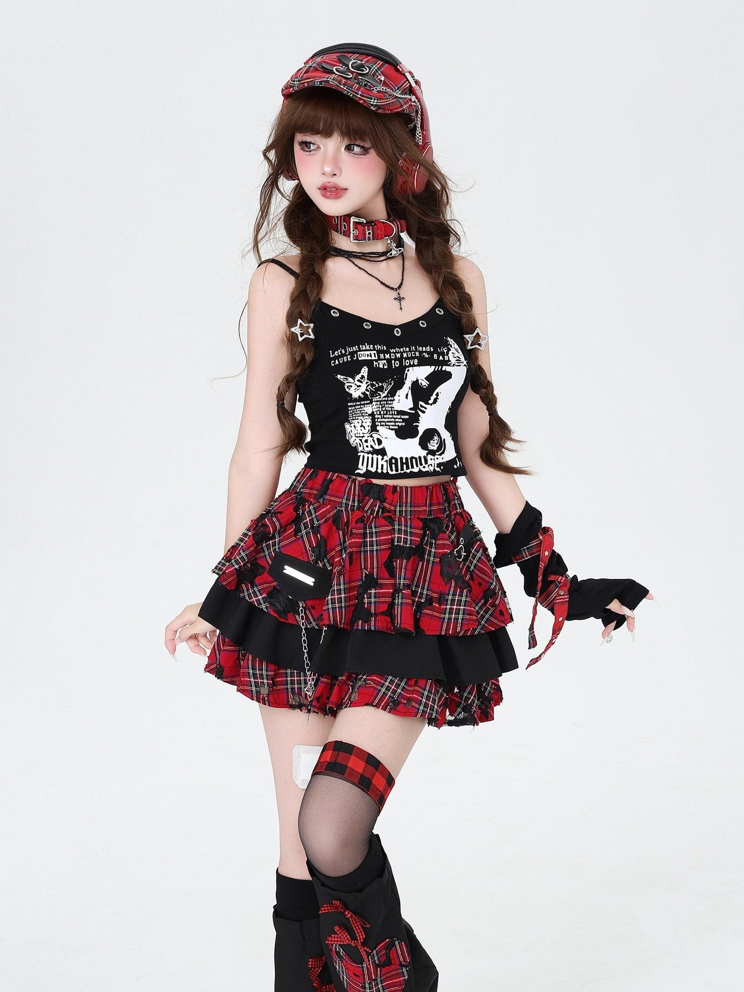 CRAZYGIRL Plaid Punk Ripped Pleated Chain Women's Polyester Cotton Mini Skirts