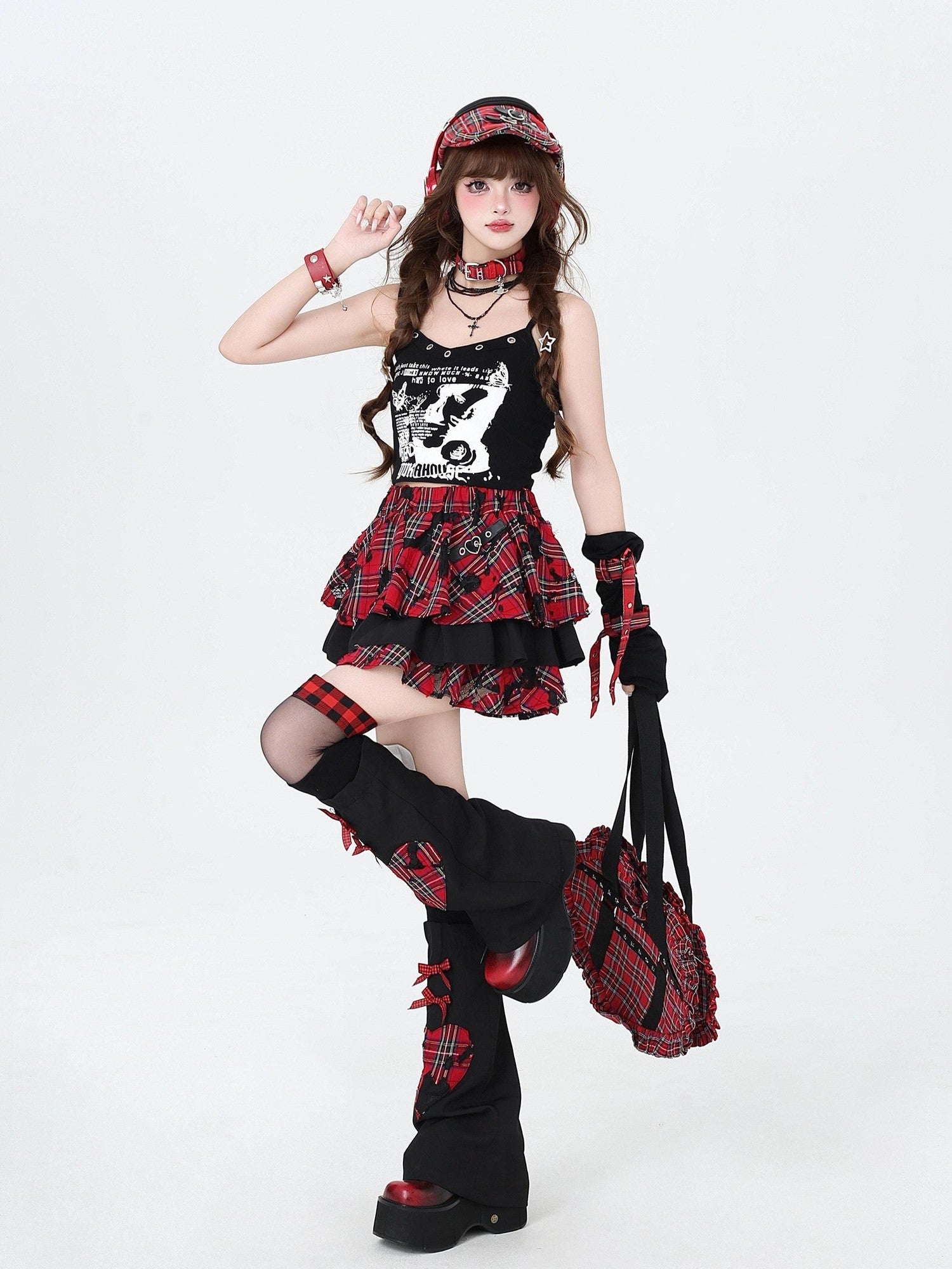 CRAZYGIRL Plaid Punk Ripped Pleated Chain Women's Polyester Cotton Mini Skirts