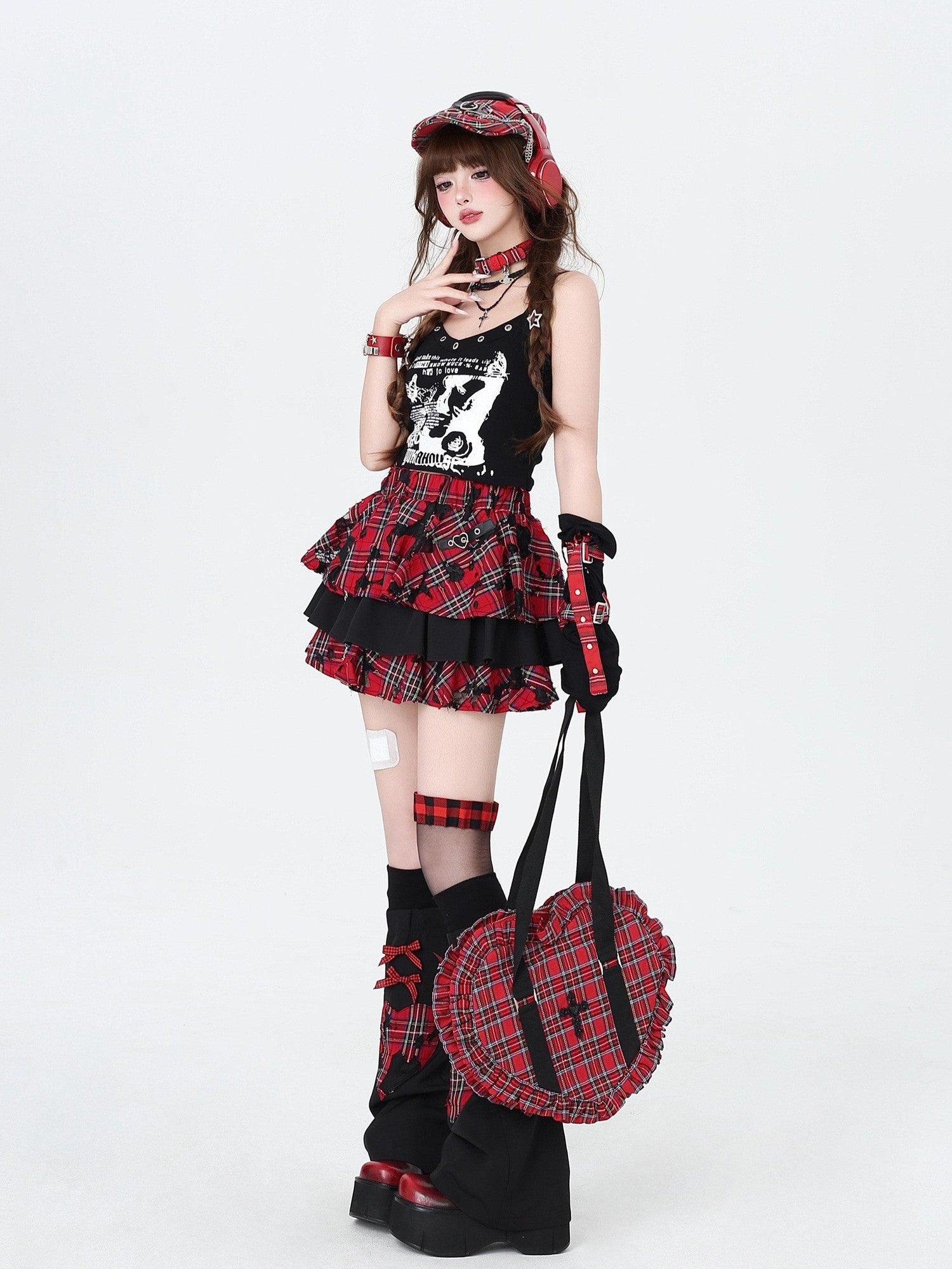 CRAZYGIRL Plaid Punk Ripped Pleated Chain Women's Polyester Cotton Mini Skirts