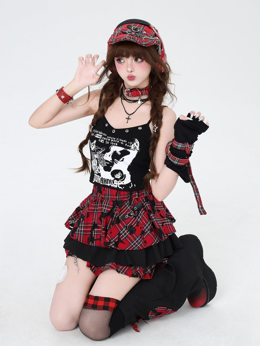 CRAZYGIRL Plaid Punk Ripped Pleated Chain Women's Polyester Cotton Mini Skirts
