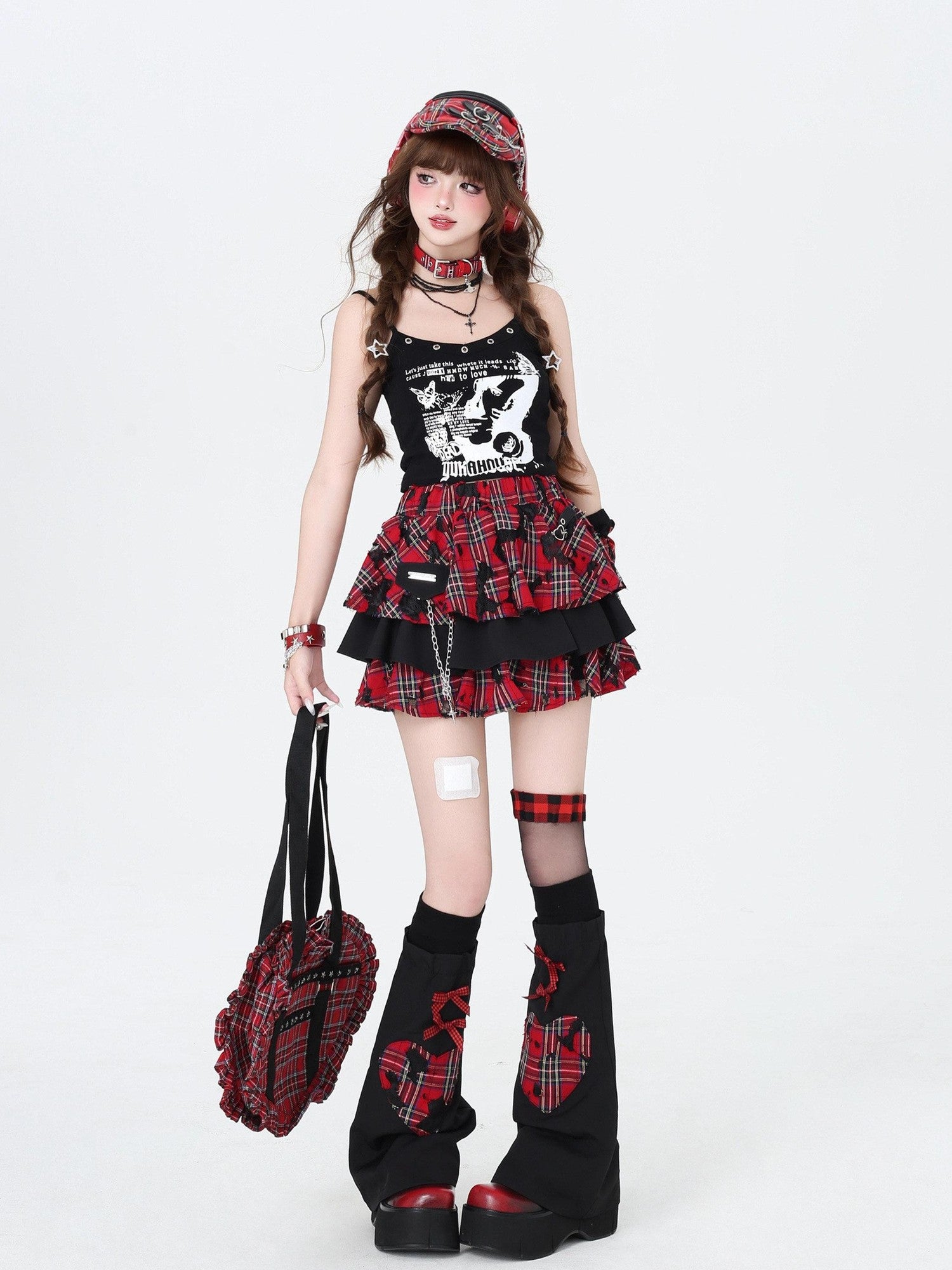 CRAZYGIRL Plaid Punk Ripped Pleated Chain Women's Polyester Cotton Mini Skirts