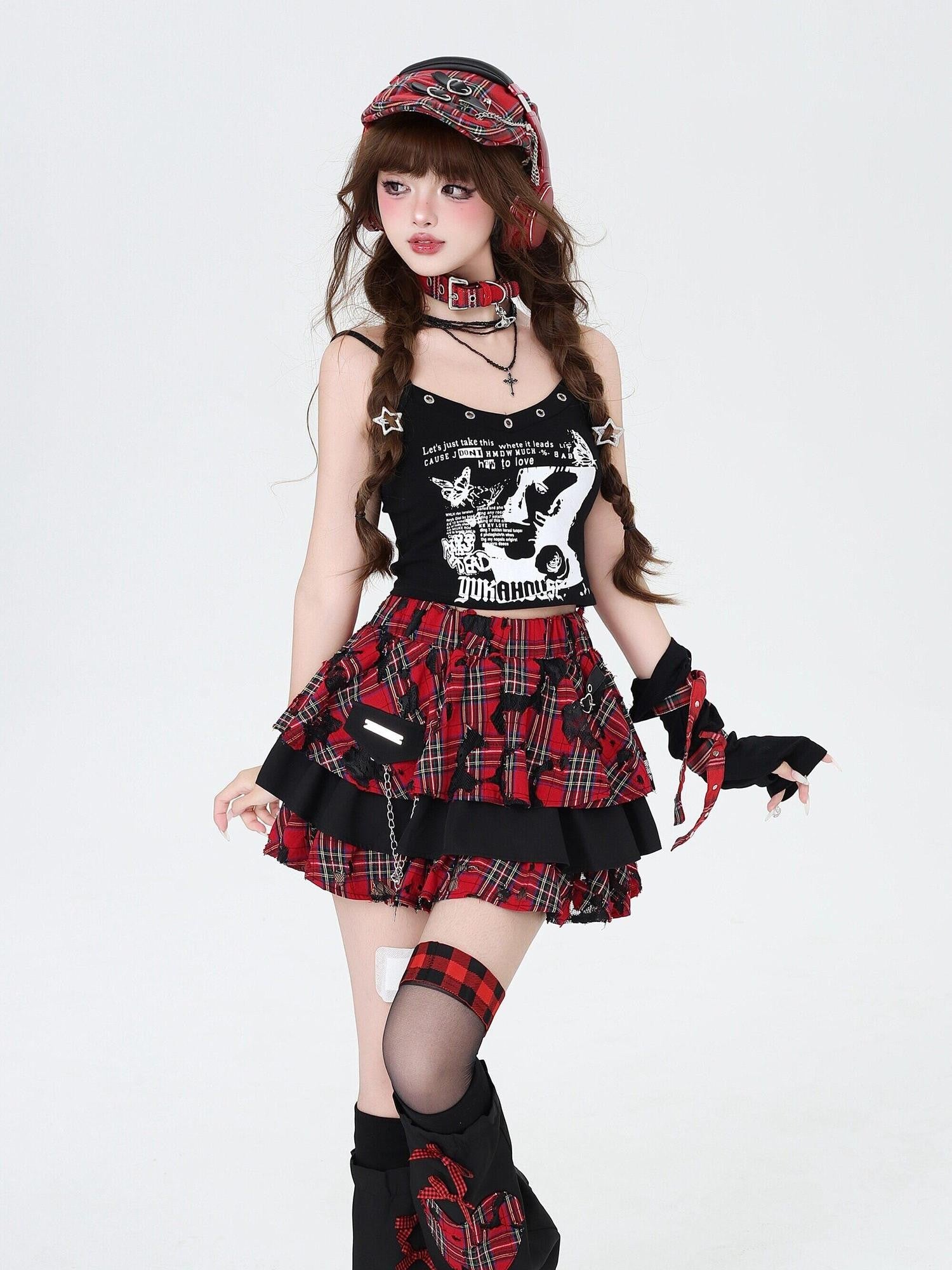 CRAZYGIRL Plaid Punk Ripped Pleated Chain Women's Polyester Cotton Mini Skirts