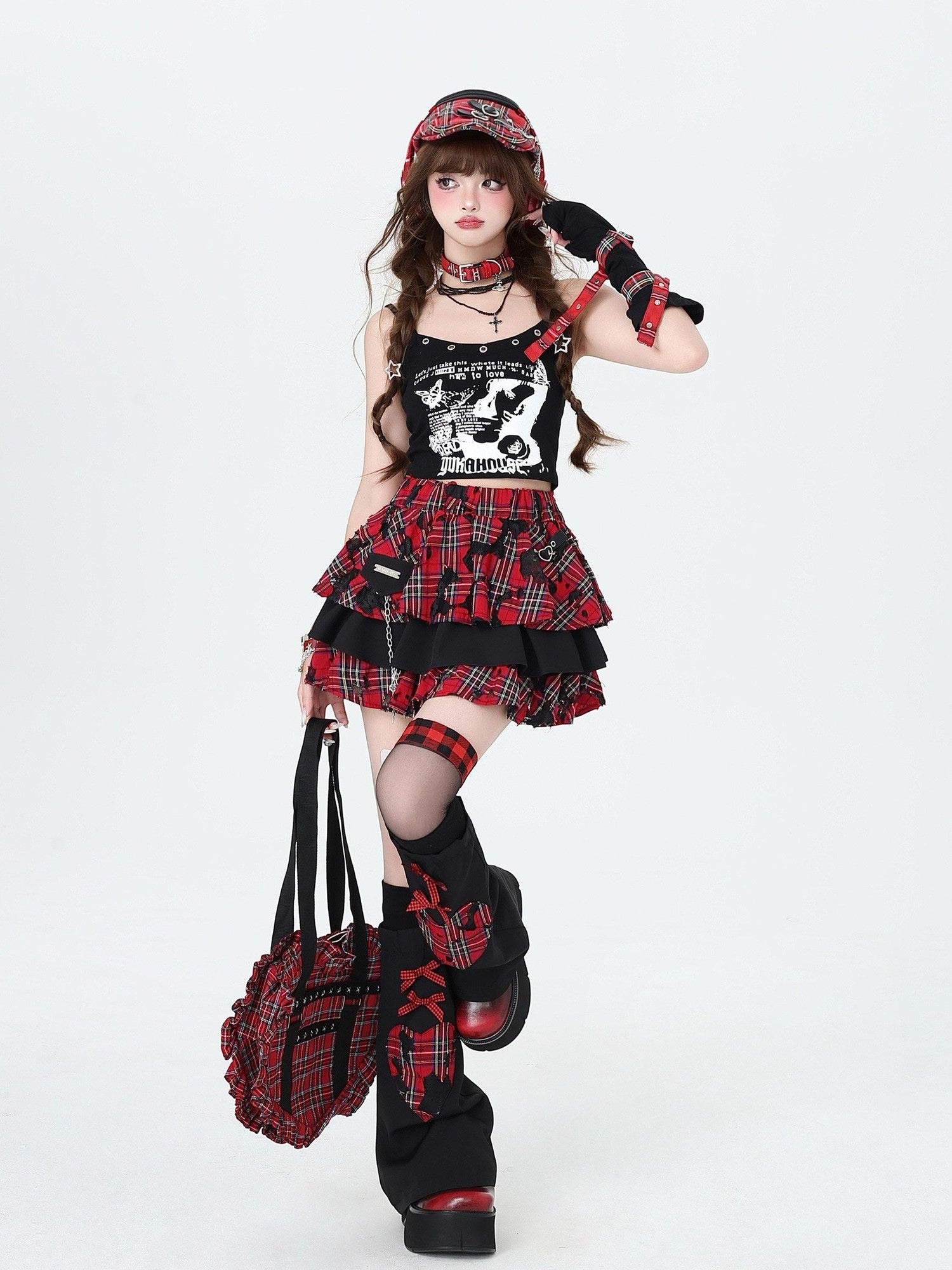 CRAZYGIRL Plaid Punk Ripped Pleated Chain Women's Polyester Cotton Mini Skirts