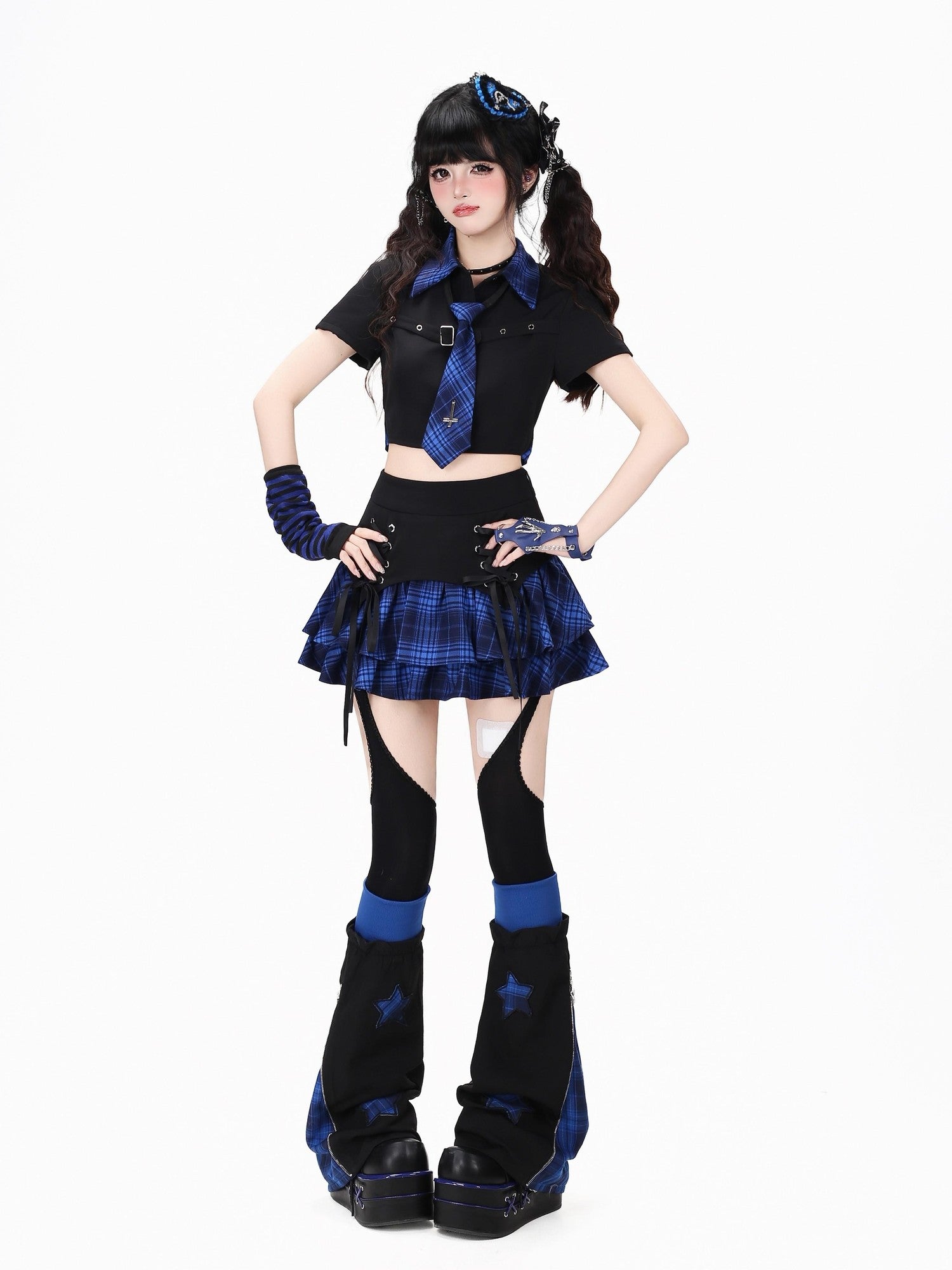 CRAZYGIRL Plaid Tie Waist Backless Gothic Women's Short Sleeve Slim Fit Shoulder Crop Tops