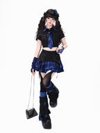 CRAZYGIRL Plaid Tie Waist Backless Gothic Women's Short Sleeve Slim Fit Shoulder Crop Tops