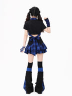 CRAZYGIRL Plaid Tie Waist Backless Gothic Women's Short Sleeve Slim Fit Shoulder Crop Tops