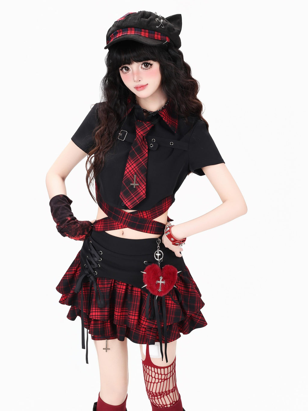 CRAZYGIRL Plaid Tie Waist Backless Gothic Women's Short Sleeve Slim Fit Shoulder Crop Tops