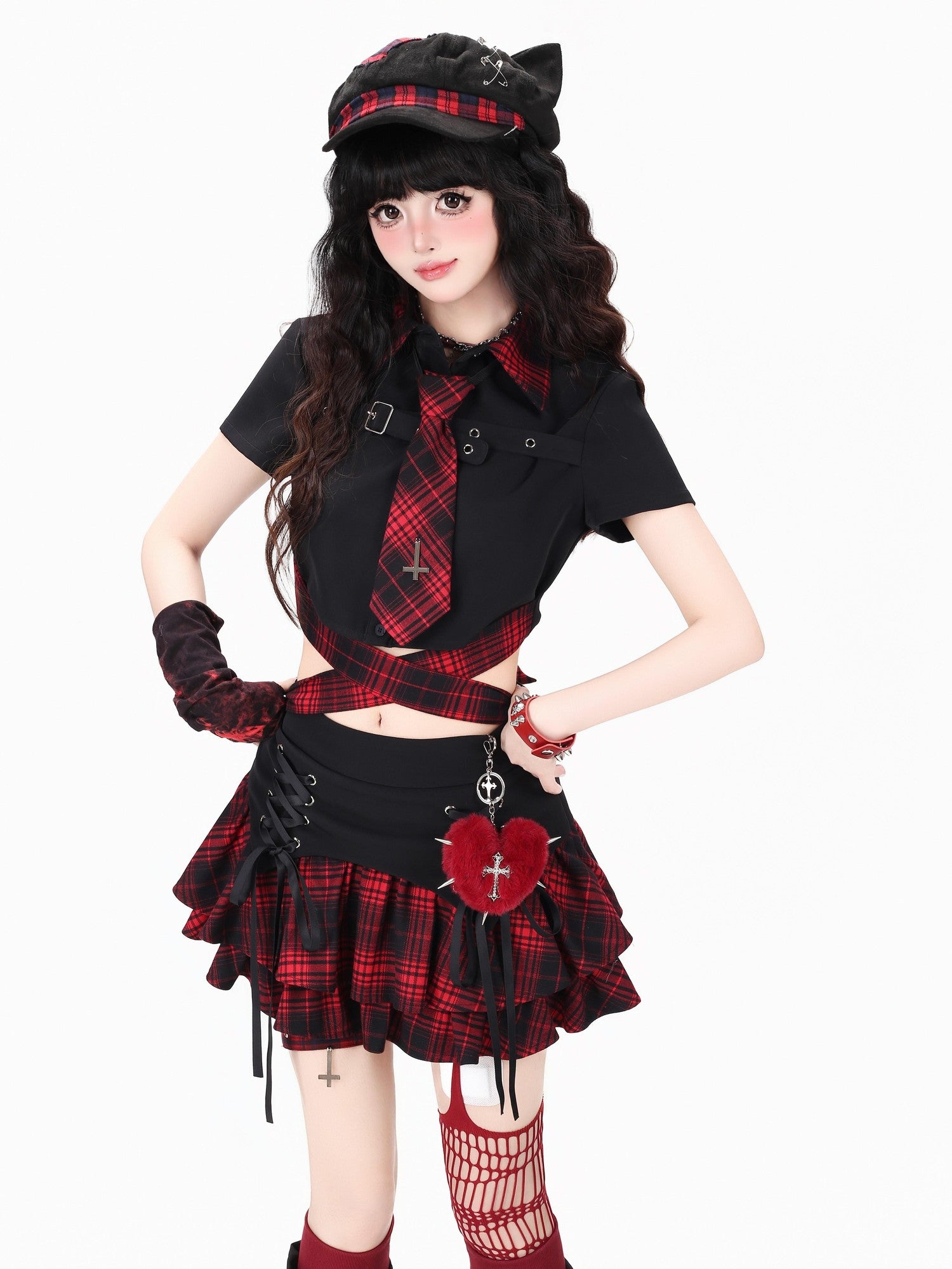 CRAZYGIRL Plaid Tie Waist Backless Gothic Women's Short Sleeve Slim Fit Shoulder Crop Tops