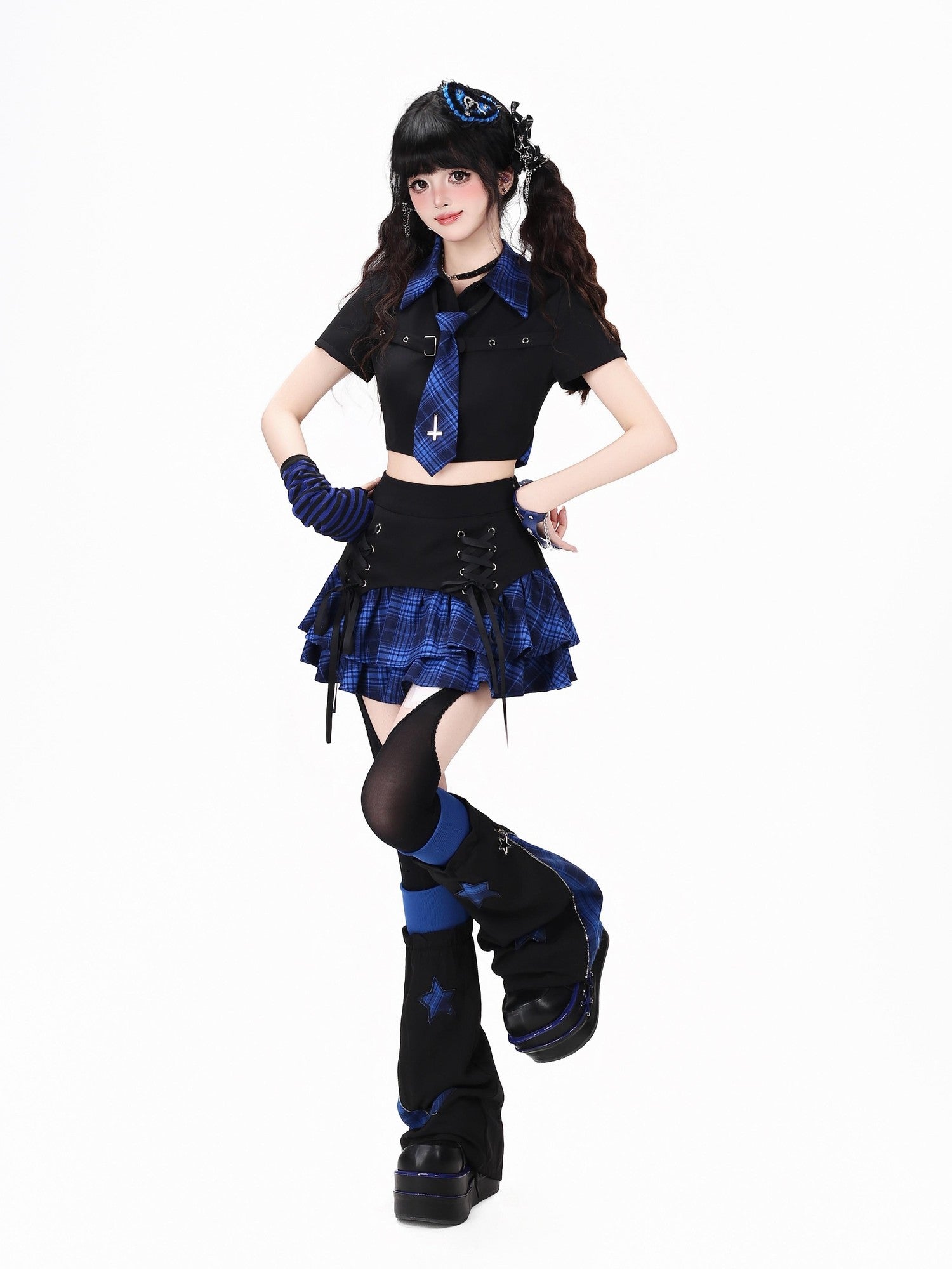 CRAZYGIRL Plaid Tie Waist Backless Gothic Women's Short Sleeve Slim Fit Shoulder Crop Tops