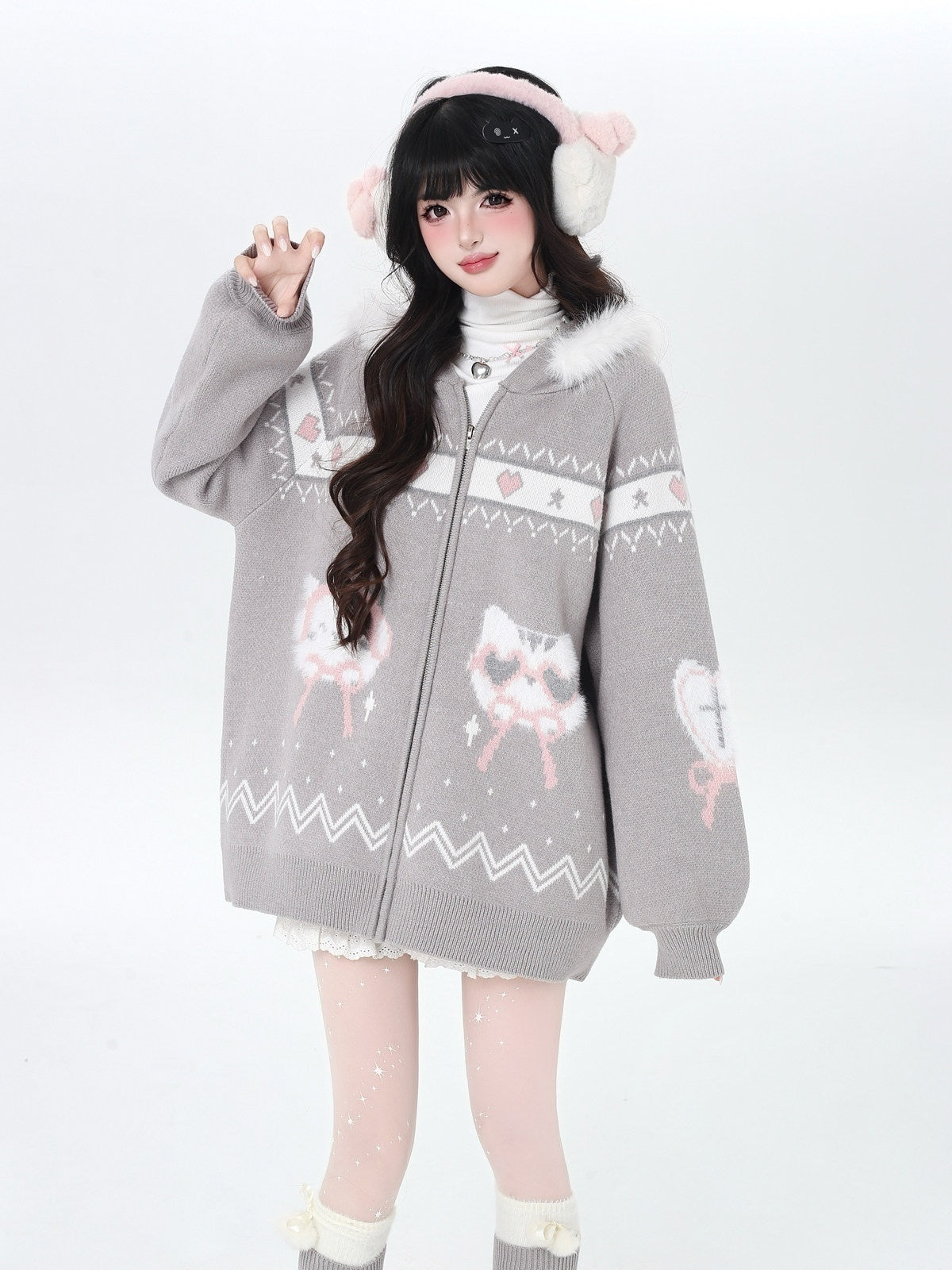 CRAZYGIRL_Plush_Cat_Ear_Hooded_Zip_Front_Loose_Long_Sleeve_Women's_Knit_Cardigans_1003404534370_MISSTT