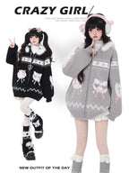 CRAZYGIRL Plush Cat Ear Hooded Zip Front Loose Long Sleeve Women's Knit Cardigans