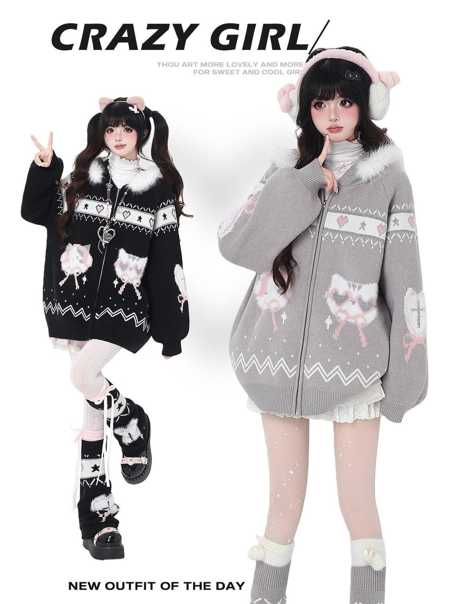 CRAZYGIRL Plush Cat Ear Hooded Zip Front Loose Long Sleeve Women's Knit Cardigans