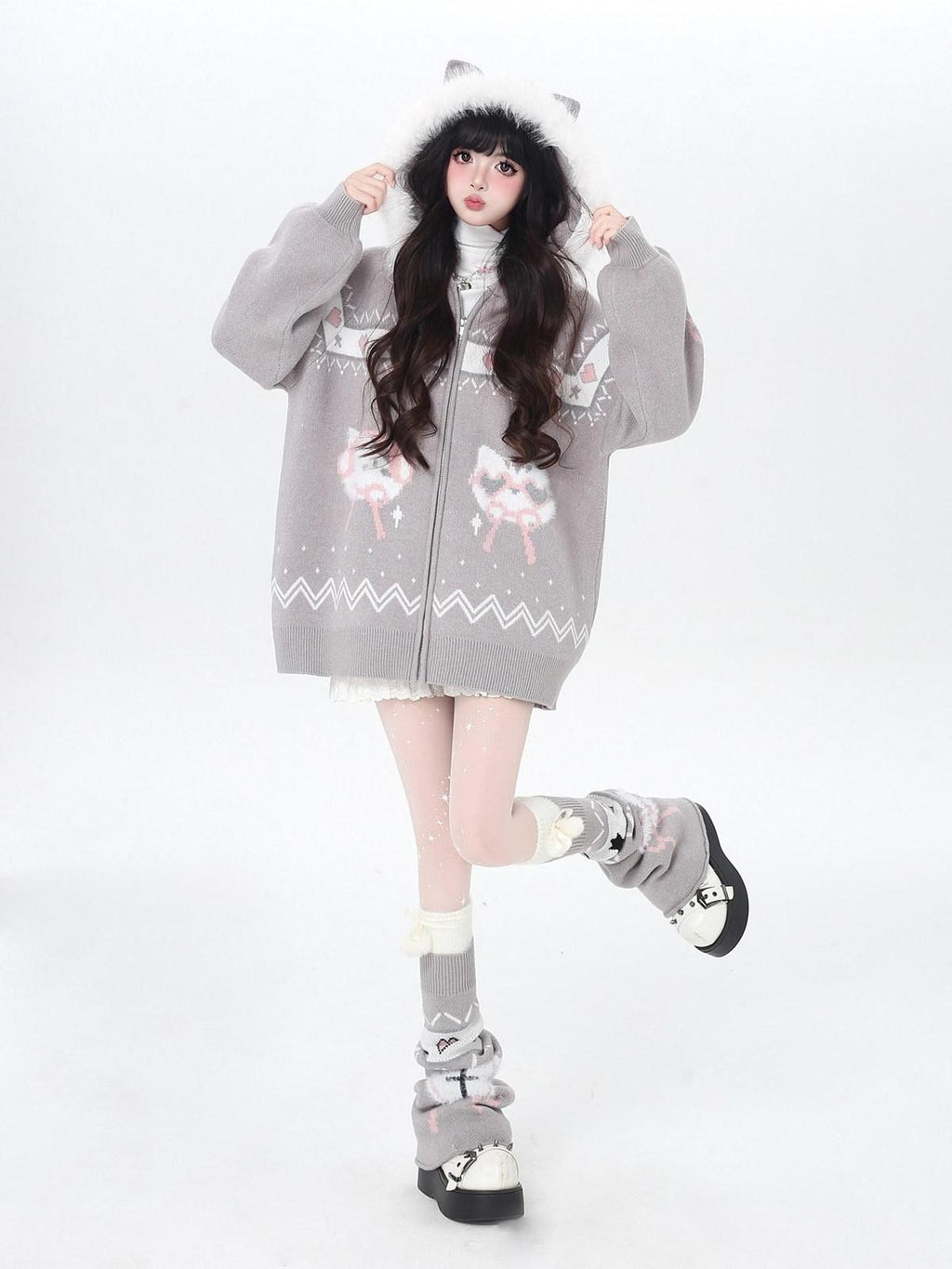 CRAZYGIRL Plush Cat Ear Hooded Zip Front Loose Long Sleeve Women's Knit Cardigans