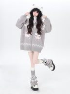 CRAZYGIRL Plush Cat Ear Hooded Zip Front Loose Long Sleeve Women's Knit Cardigans