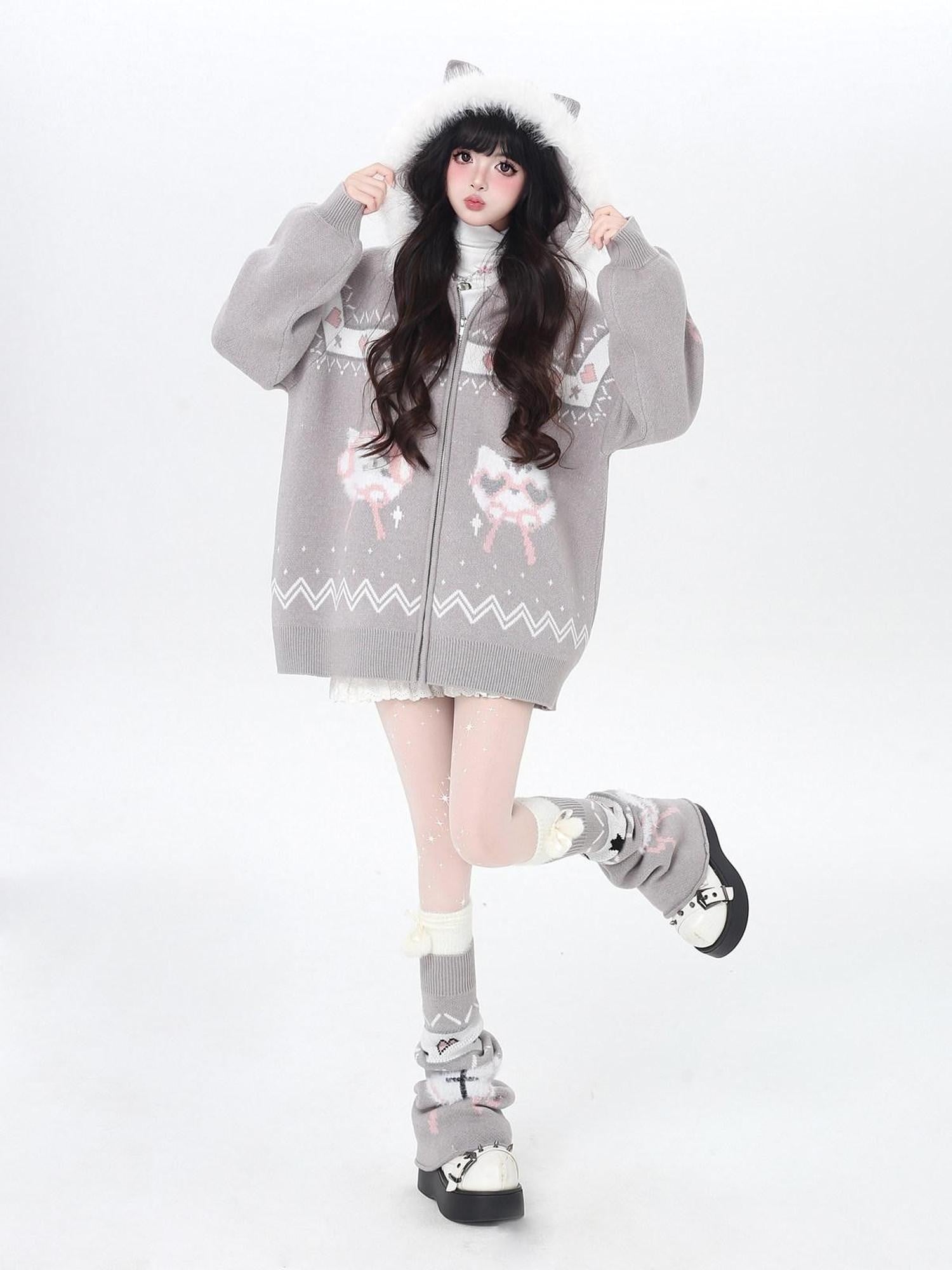 CRAZYGIRL Plush Cat Ear Hooded Zip Front Loose Long Sleeve Women's Knit Cardigans