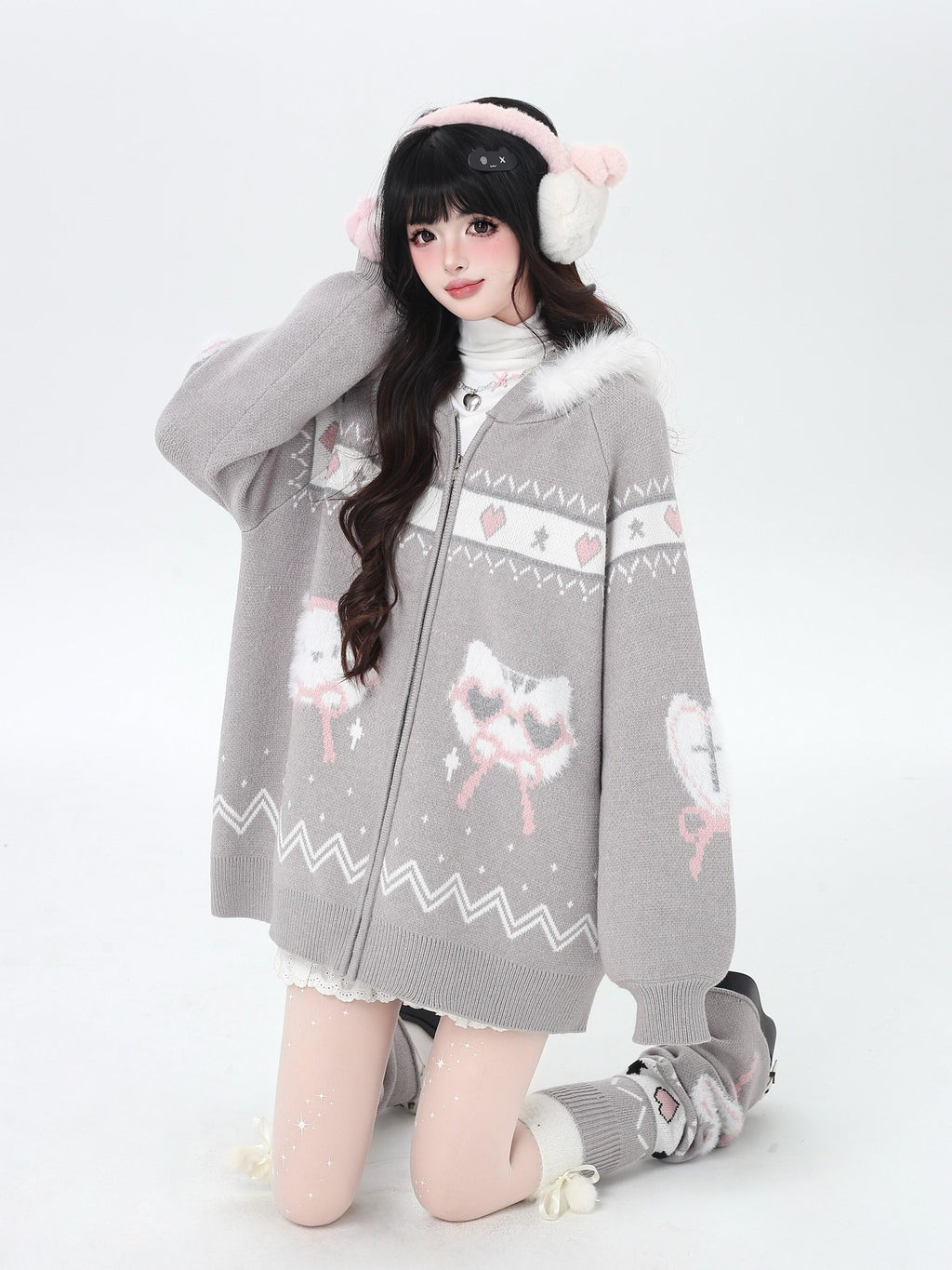 CRAZYGIRL Plush Cat Ear Hooded Zip Front Loose Long Sleeve Women's Knit Cardigans