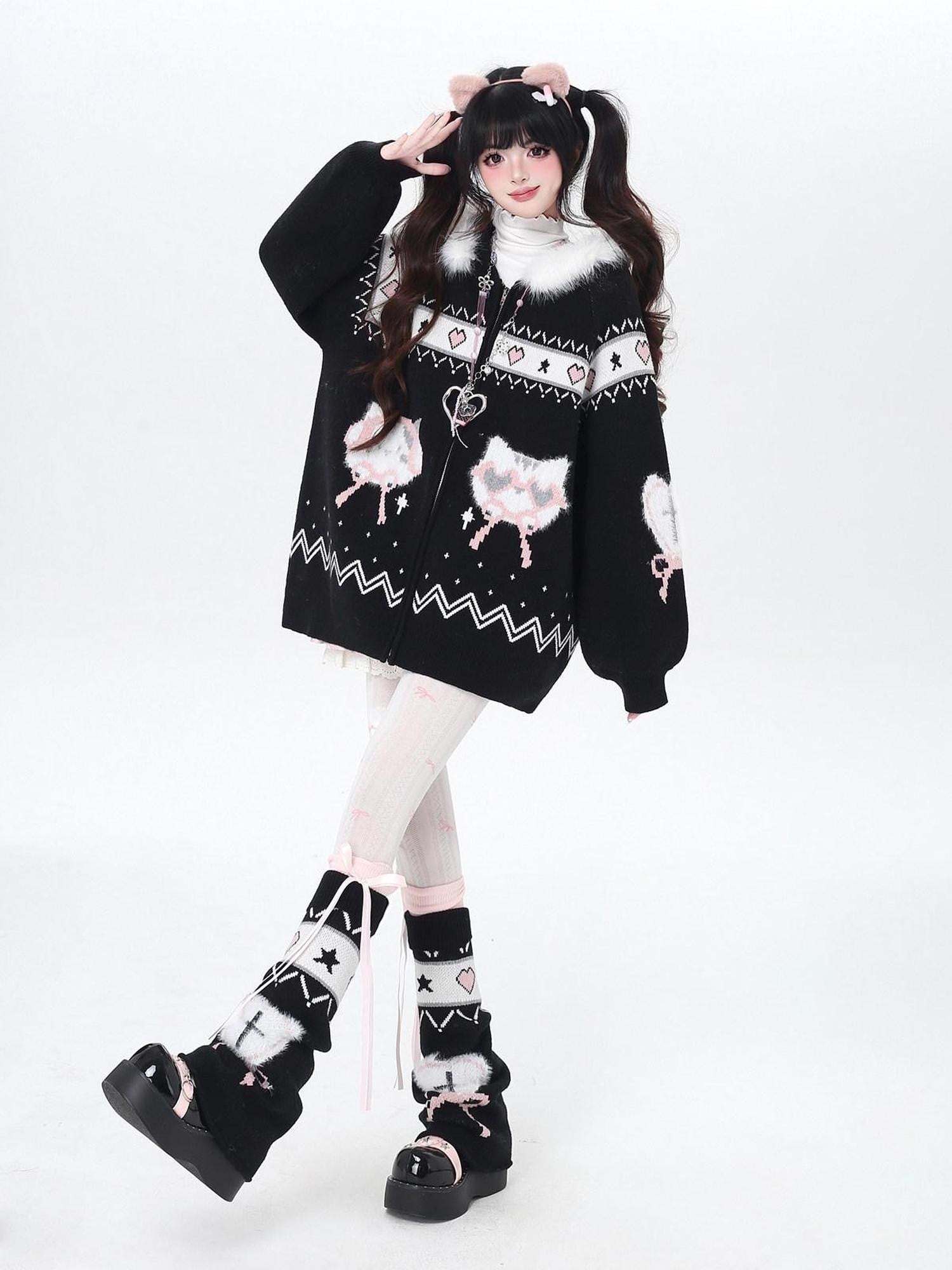 CRAZYGIRL Plush Cat Ear Hooded Zip Front Loose Long Sleeve Women's Knit Cardigans