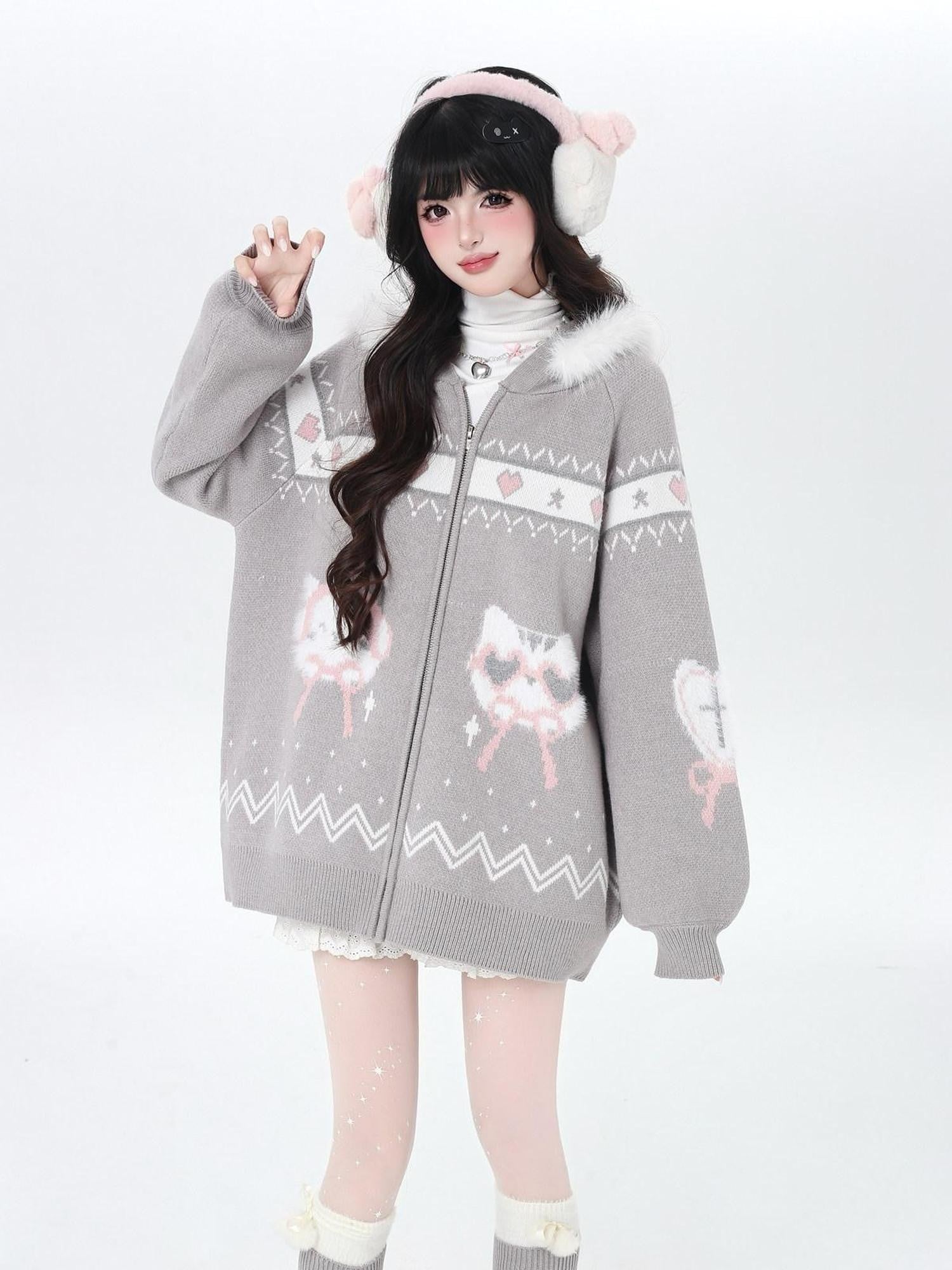 CRAZYGIRL Plush Cat Ear Hooded Zip Front Loose Long Sleeve Women's Knit Cardigans