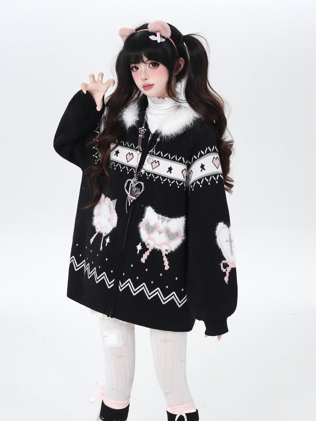 CRAZYGIRL Plush Cat Ear Hooded Zip Front Loose Long Sleeve Women's Knit Cardigans