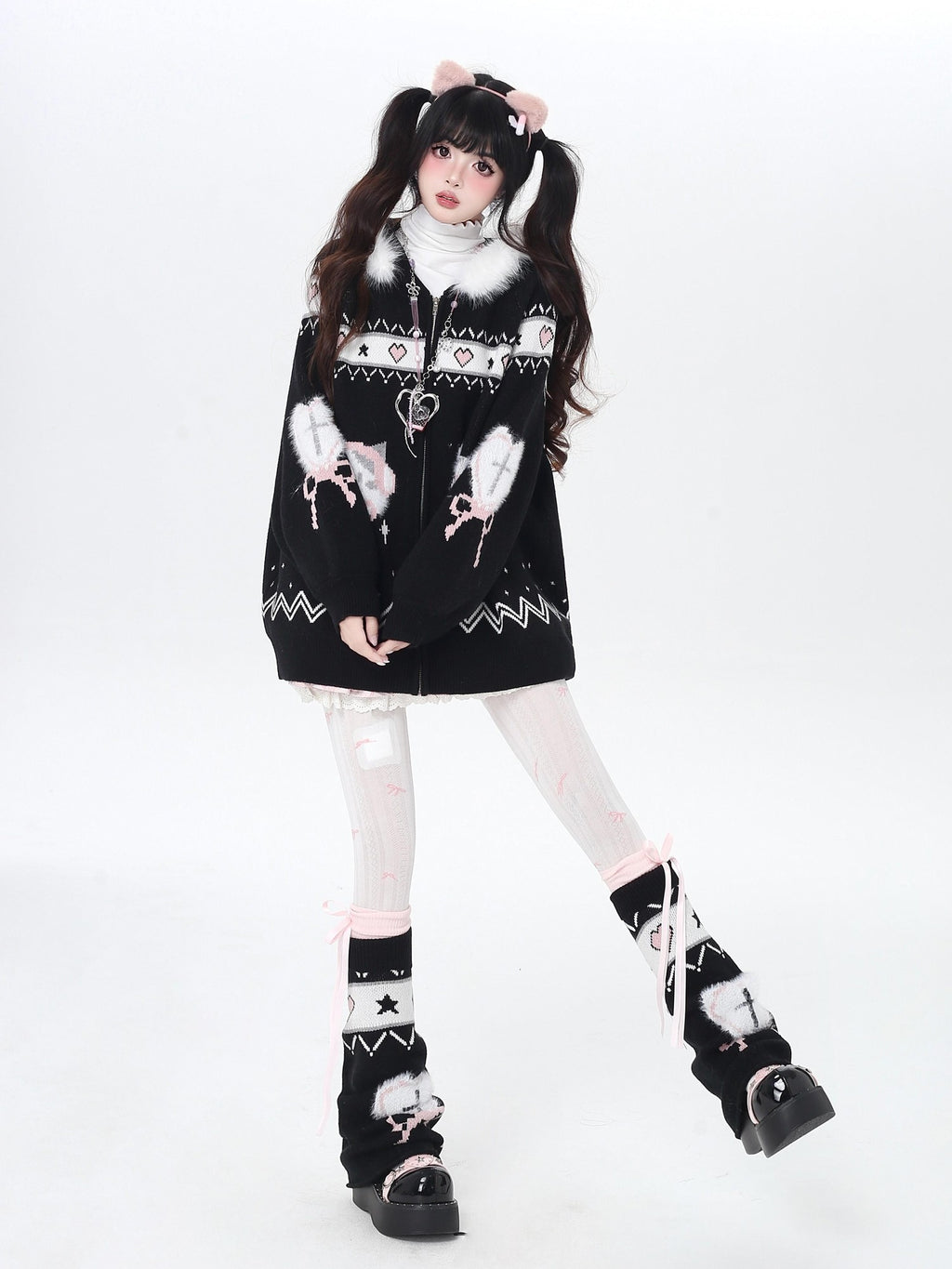 CRAZYGIRL Plush Cat Ear Hooded Zip Front Loose Long Sleeve Women's Knit Cardigans