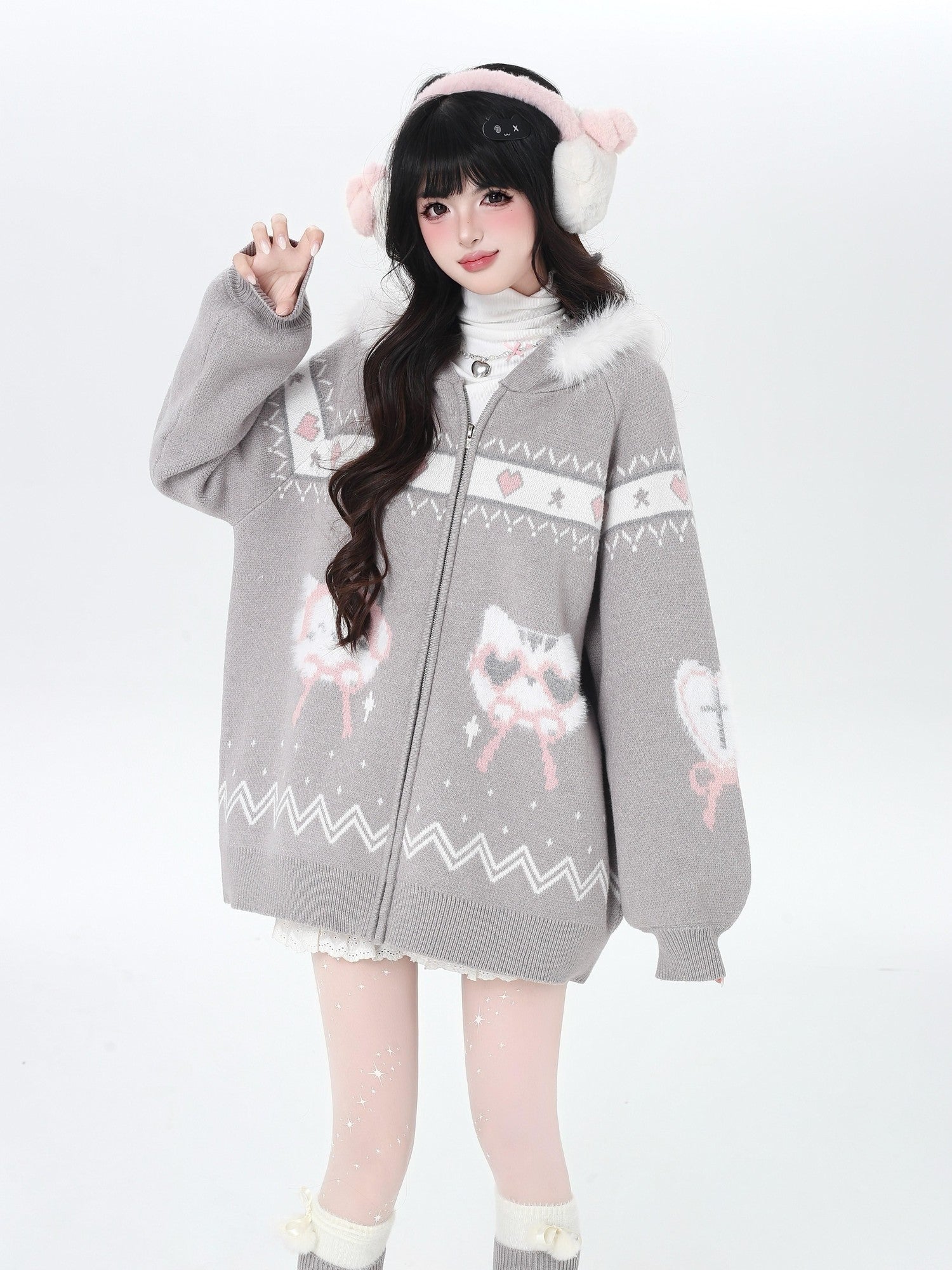 CRAZYGIRL Plush Cat Ear Hooded Zip Front Loose Long Sleeve Women's Knit Cardigans