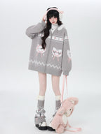 CRAZYGIRL Plush Cat Ear Hooded Zip Front Loose Long Sleeve Women's Knit Cardigans