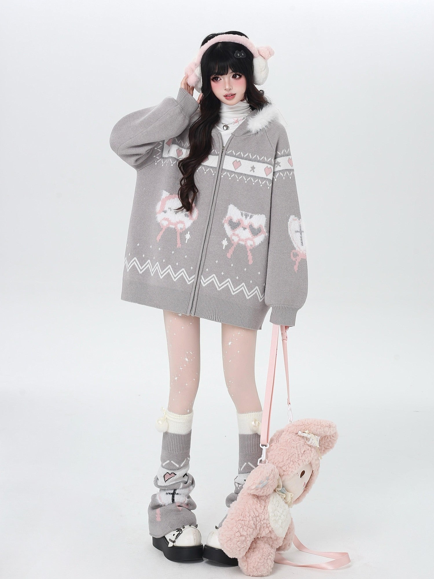 CRAZYGIRL Plush Cat Ear Hooded Zip Front Loose Long Sleeve Women's Knit Cardigans