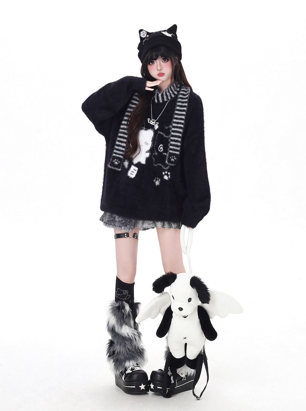 CRAZYGIRL_Plush_Cat_Embossed_Crewneck_Cardigan_Loose_Fit_Women's_Thermal_Sweaters_990532359197_MISSTT